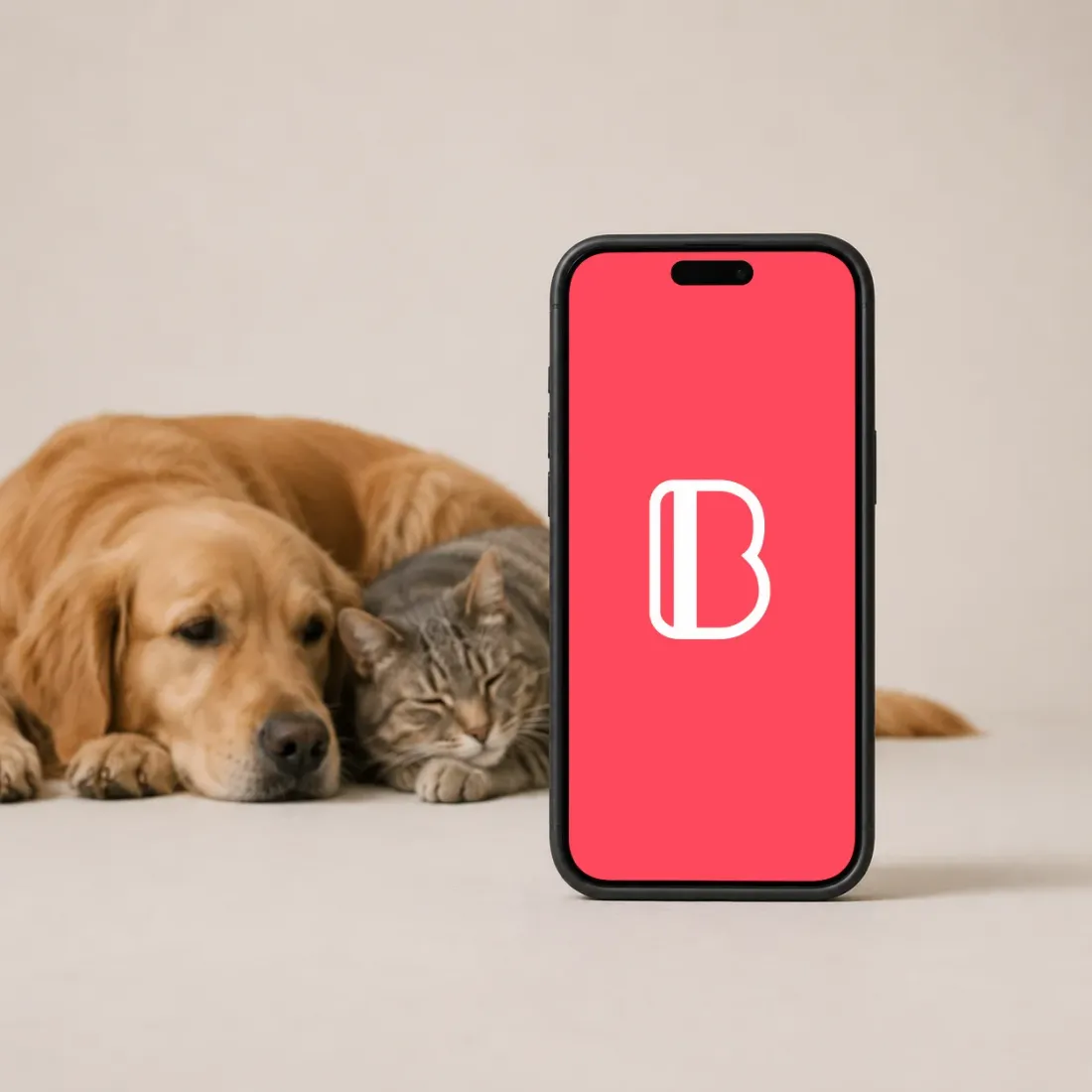 A dog and a cat next to a phone showing Bonuscard