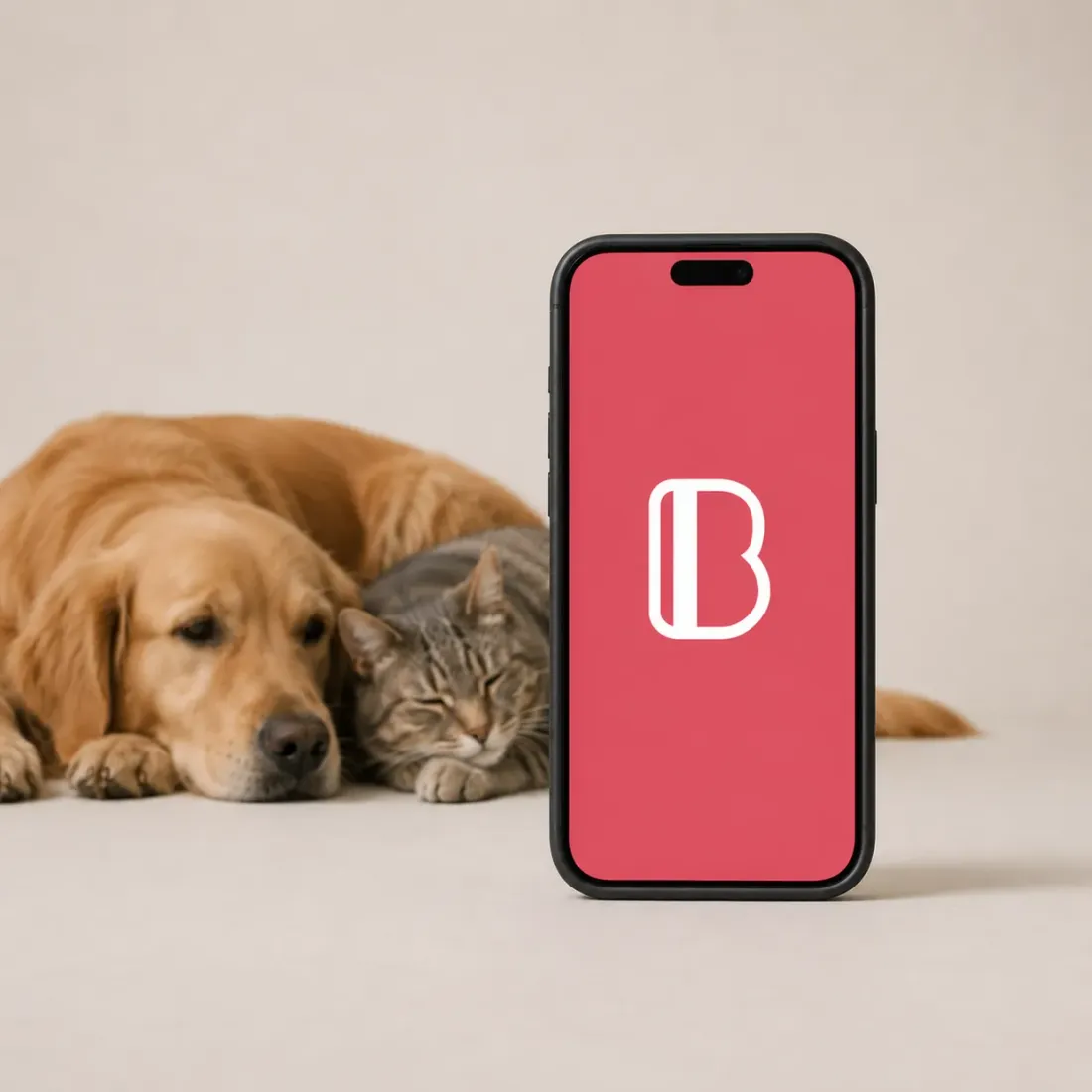 A dog and a cat next to a phone showing Bonuscard