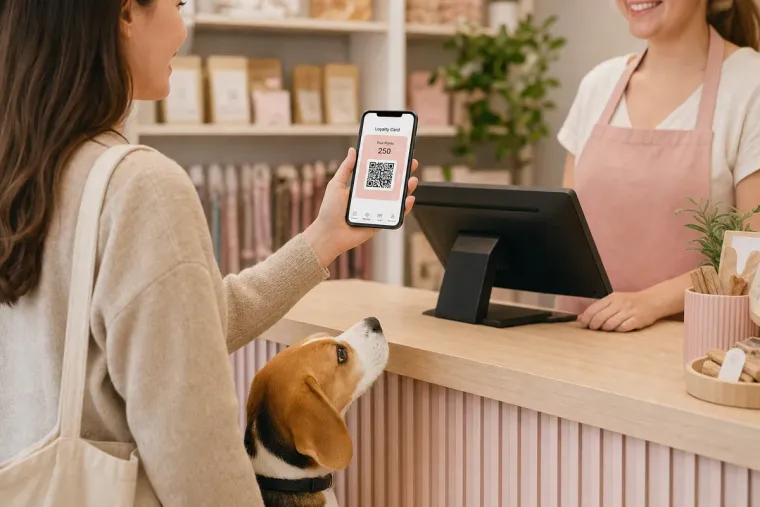 A customer showing their digital membership card with a QR code at the checkout, with their beagle beside them