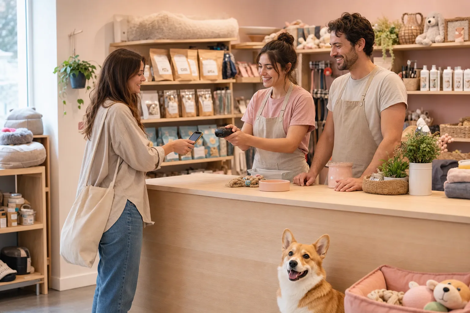 A customer shows the membership card on their phone to a store employee at the checkout counter in a pet store