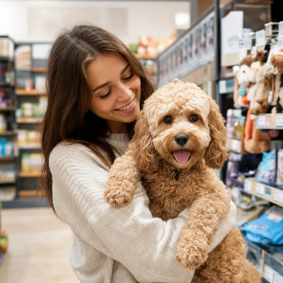 A customer with their dog in a pet store
