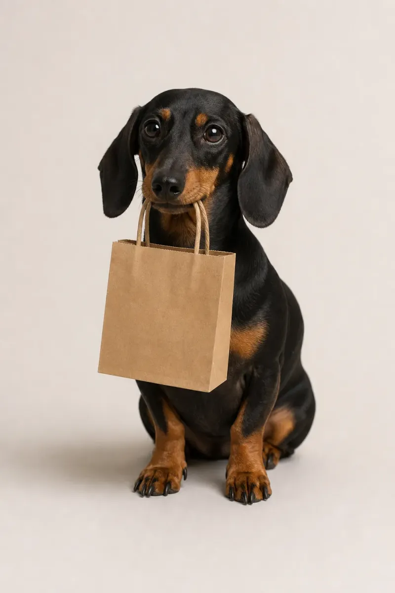 A dachshund holding a small shopping bag in its mouth