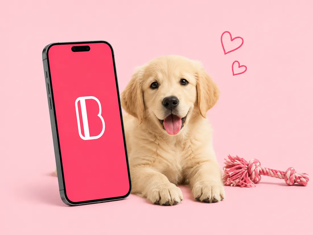 A golden retriever puppy next to a phone showing the Bonuscard app