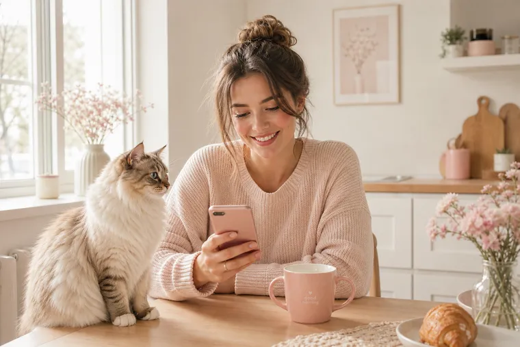 A person reading a confirmation on their phone at the kitchen table, with their cat beside them