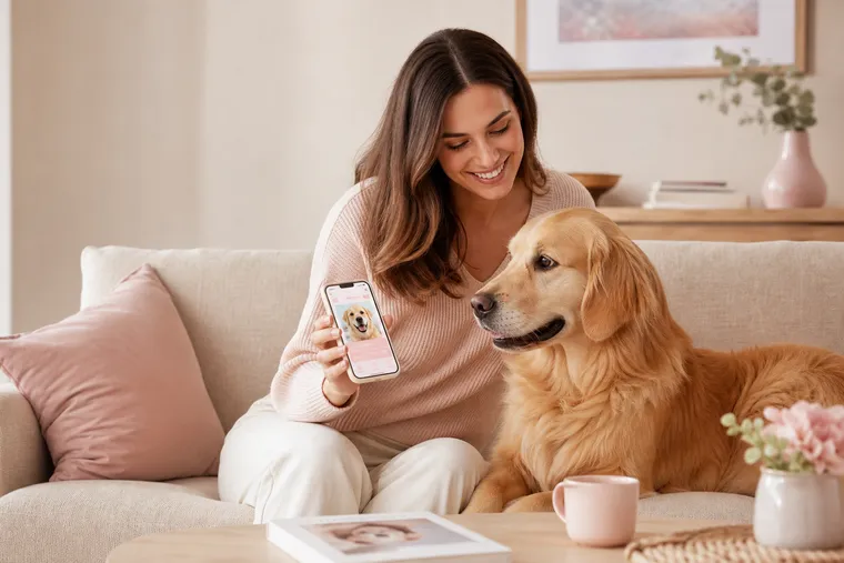 A person creating a Bonuscard account on their phone at home on the couch, with their golden retriever beside them