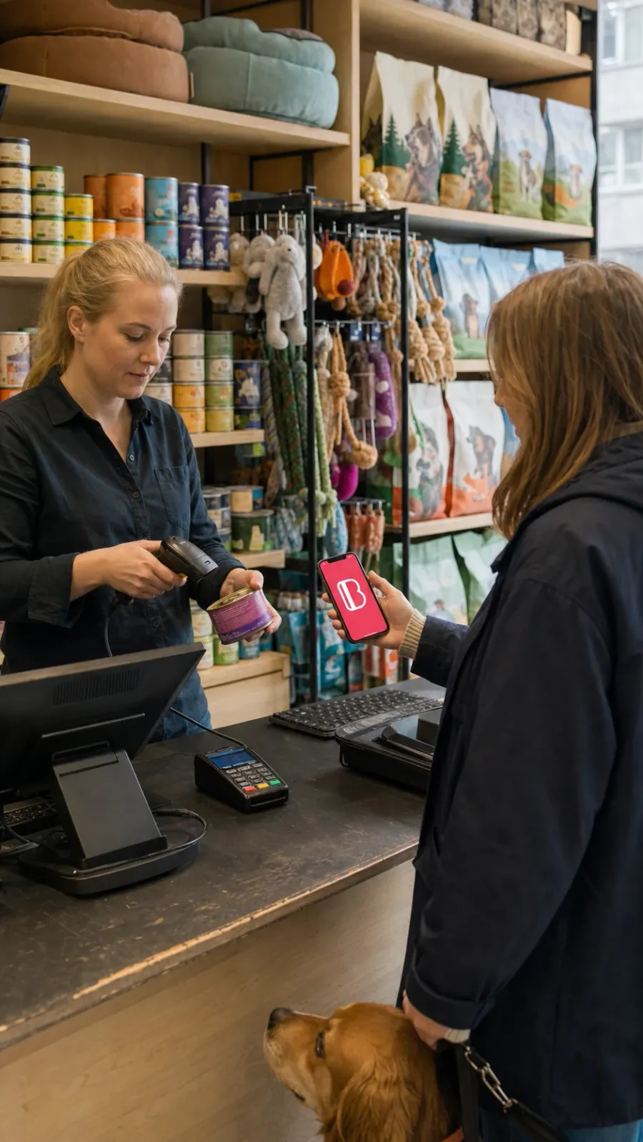 A store employee scanning a QR code from a customer's phone