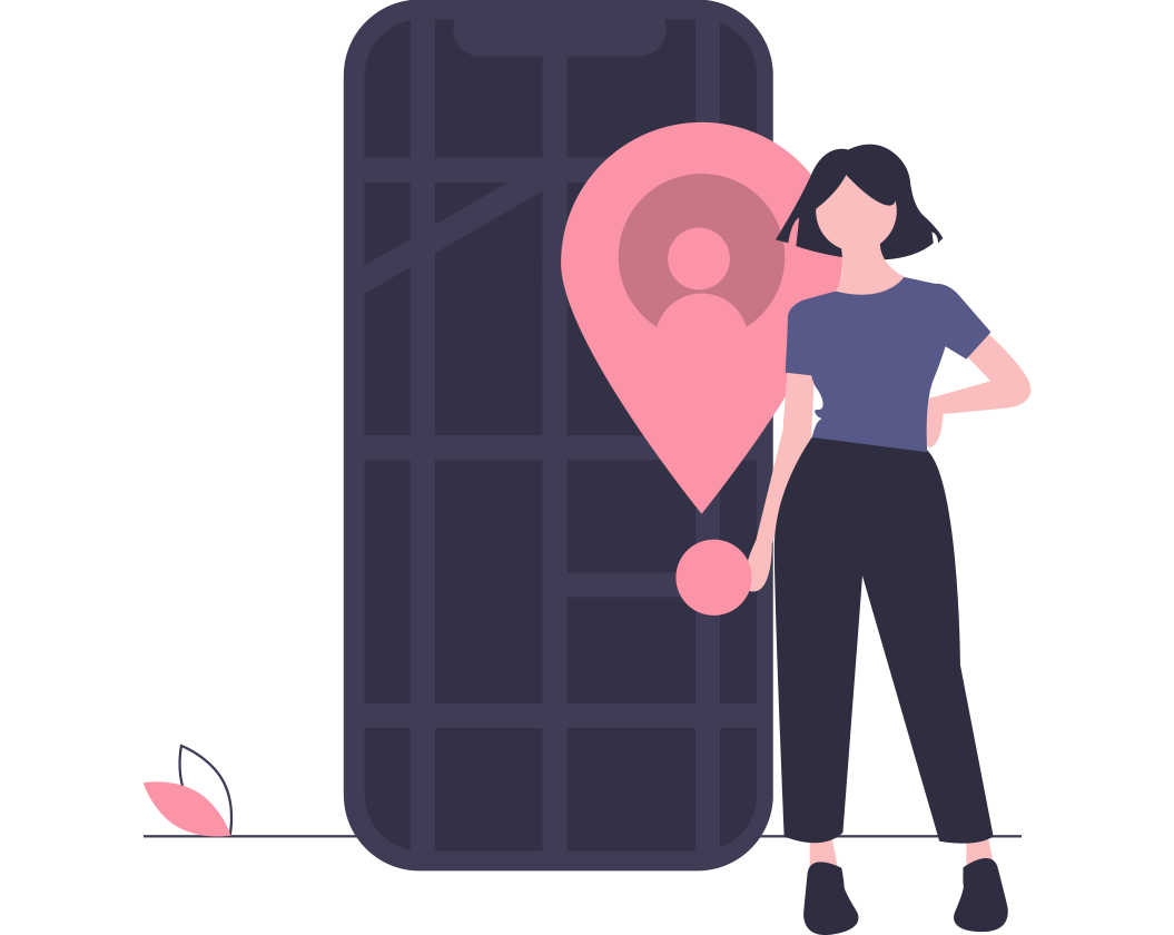 Illustration of a woman next to phone holding location icon