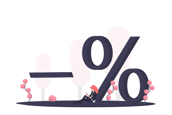 Illustration of a woman using phone sitting next to a percentage icon